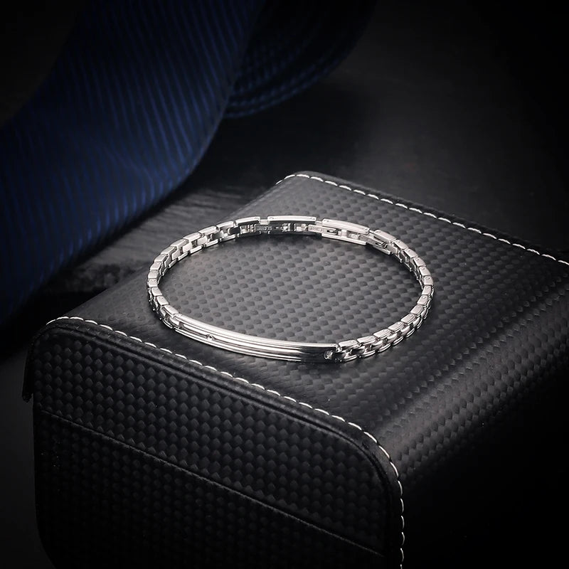 LUXURY European Simple Adjustable Solid Stainless Steel Metal Watch Band Bracelet & Bangle Jewelry Inlay with 5A Zirconia
