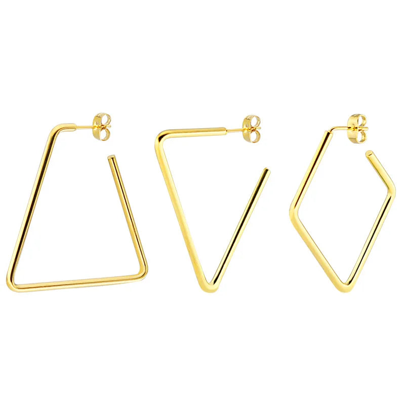 Gold Plated Lightweight Open Hoop Stud Earrings Chunky Thick Geometric Design Surgical Stainless Steel Posts Fine Stud