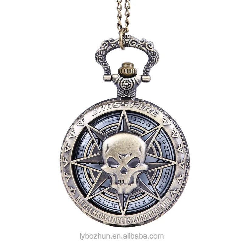 Antique Bronze Hollow Five-pointed Star Ghost Head Quartz Movement Stainless Steel Pocket Watch
