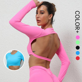 SHINBENE Open Back Running Shirts Athletic Clothes Long Sleeve Workout Shirts Crop Top for Women