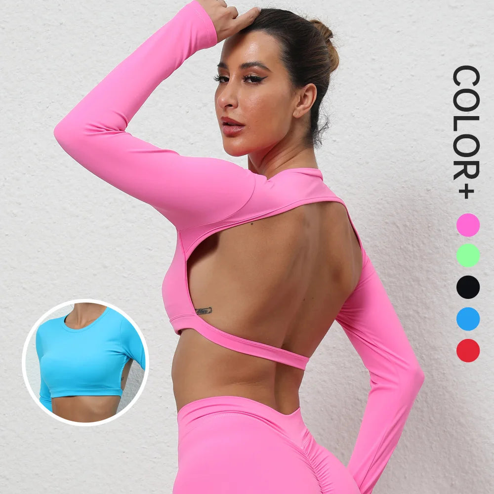 SHINBENE Open Back Running Shirts Athletic Clothes Long Sleeve Workout Shirts Crop Top for Women