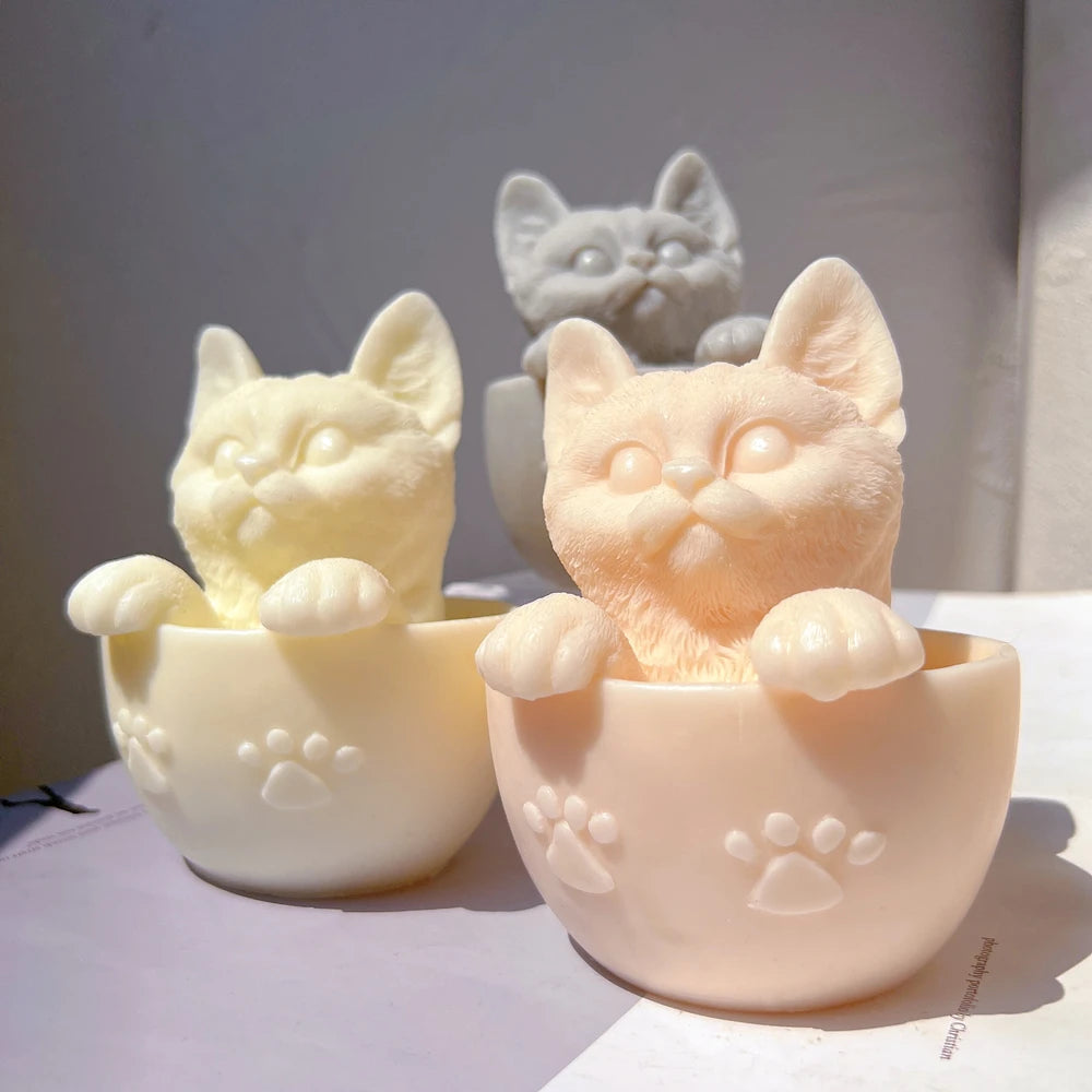 Cute Cup Cat Candle Silicone Mold Animal Soy Wax Silicone Mould Cats Lover Home Decor Gift