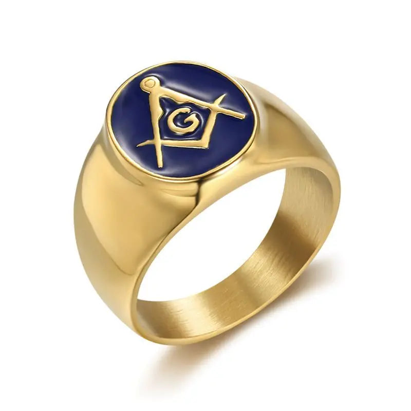 Duyizhao Wholesale Custom Hiphop Titanium Steel Jewelry Gold Plated Blue Glue Masonic Ag Men Stainless Steel Ring