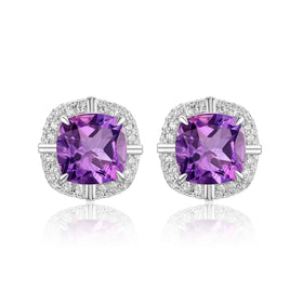 YBO Luxury Women's Gold Plated Gemstone Stud Earrings Cushion Cut Amethyst S925 Silver Jewelry for Engagement Wedding Party Gift