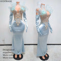Ocstrade Custom Women Clothing Manufacturer Supplier Silver Rhinestone Elegant Sky Blue Long Gown Chic Evening Dress With Gloves