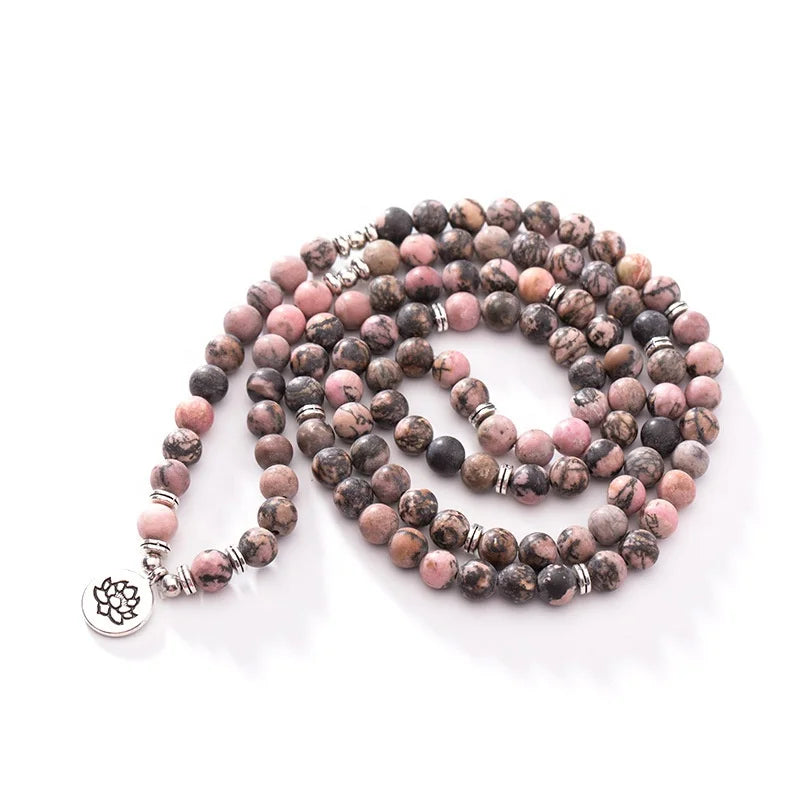 Bohemian Buddha Japamala Necklace for Women Men Lotus Charm Pendant 8mm Natural Rhodonite 108 Prayer Mala Beaded Necklace