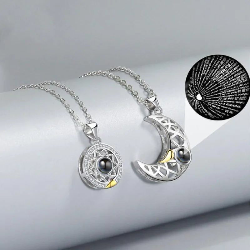 2 PCS/Set Sun and Moon Couple 100 Language I Love You Necklace  Projection Magnetic Necklace for Him and Her