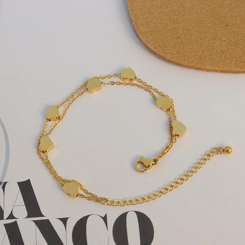 18K Gold Plated Stainless Steel Heart  Double Layered Heart Charm  Bangles for Girl