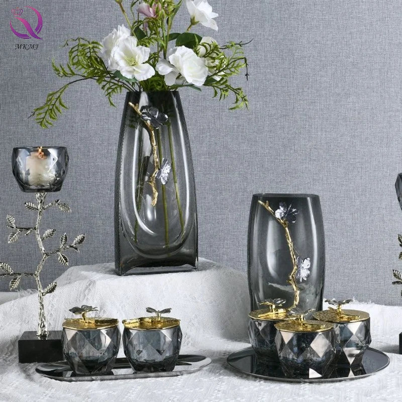 Modern Home Decoration Ornaments Light Luxury Decorative Desktop Vases Nordic Style Minimalist Smoke Grey Glass Flower Vases