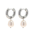 Geometric Stainless Steel CC Shape Pearl Hoop Earrings Waterproof Silver Color Pearl Hoop Earring