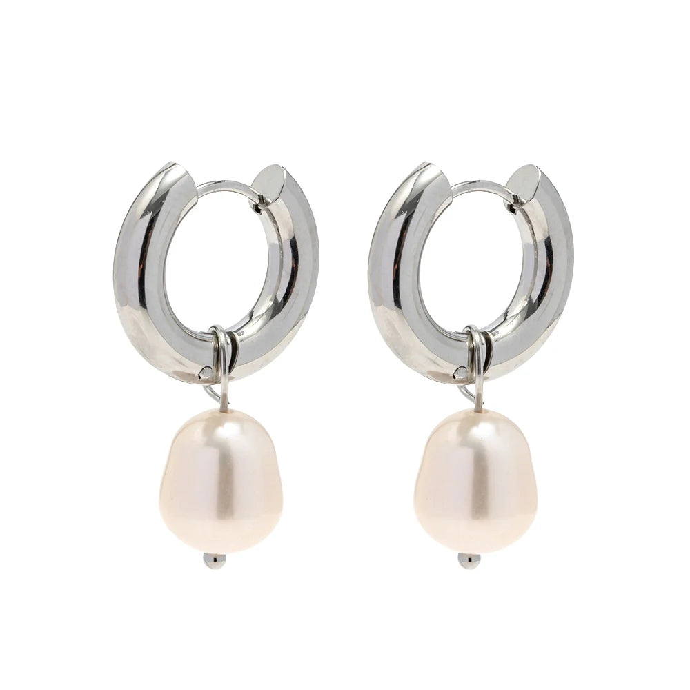 Geometric Stainless Steel CC Shape Pearl Hoop Earrings Waterproof Silver Color Pearl Hoop Earring