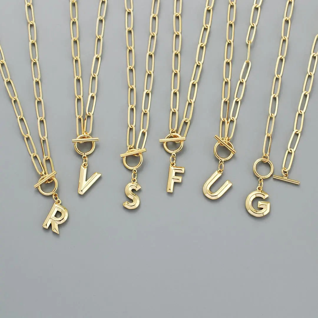 Stainless Steel   Initial Necklace for Women Gold Plated Large Script Name Monogram Link Chain Main Material A-Z Letter Necklace