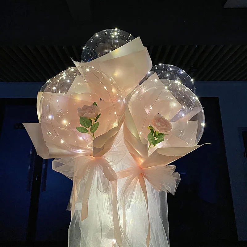 LED Light up Balloons with Rose Bouquet Transparent Bobo Balloon Girls Birthday Party and Wedding Balloons