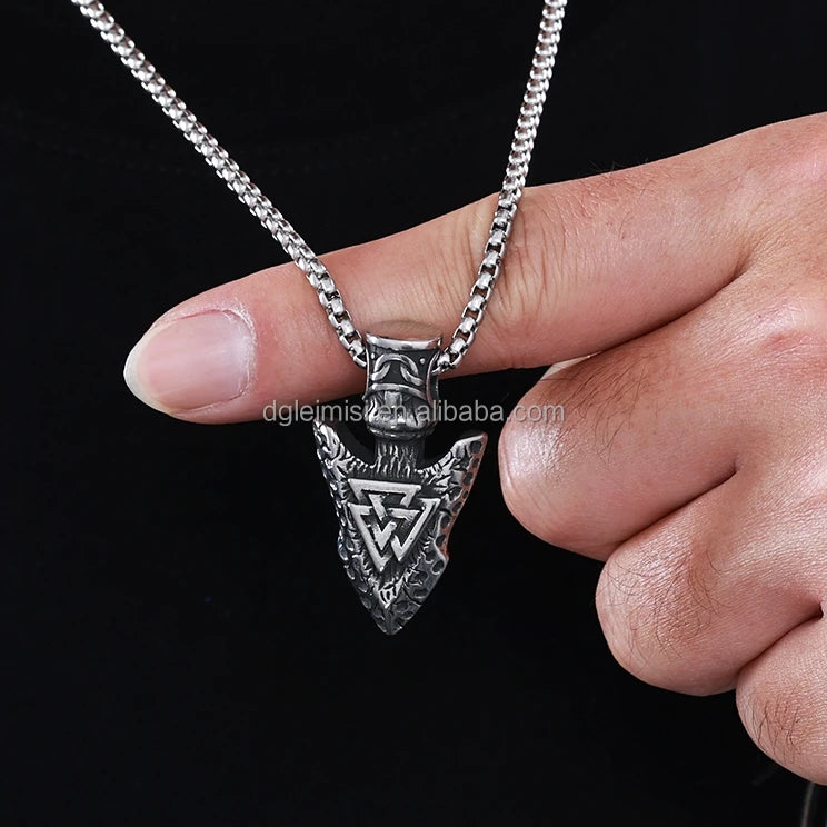 Nordic Mythology Viking Valknut Knot Talism Shield Spear Head Arrow Necklace for Men Stainless Steel Spear Pendant Charm