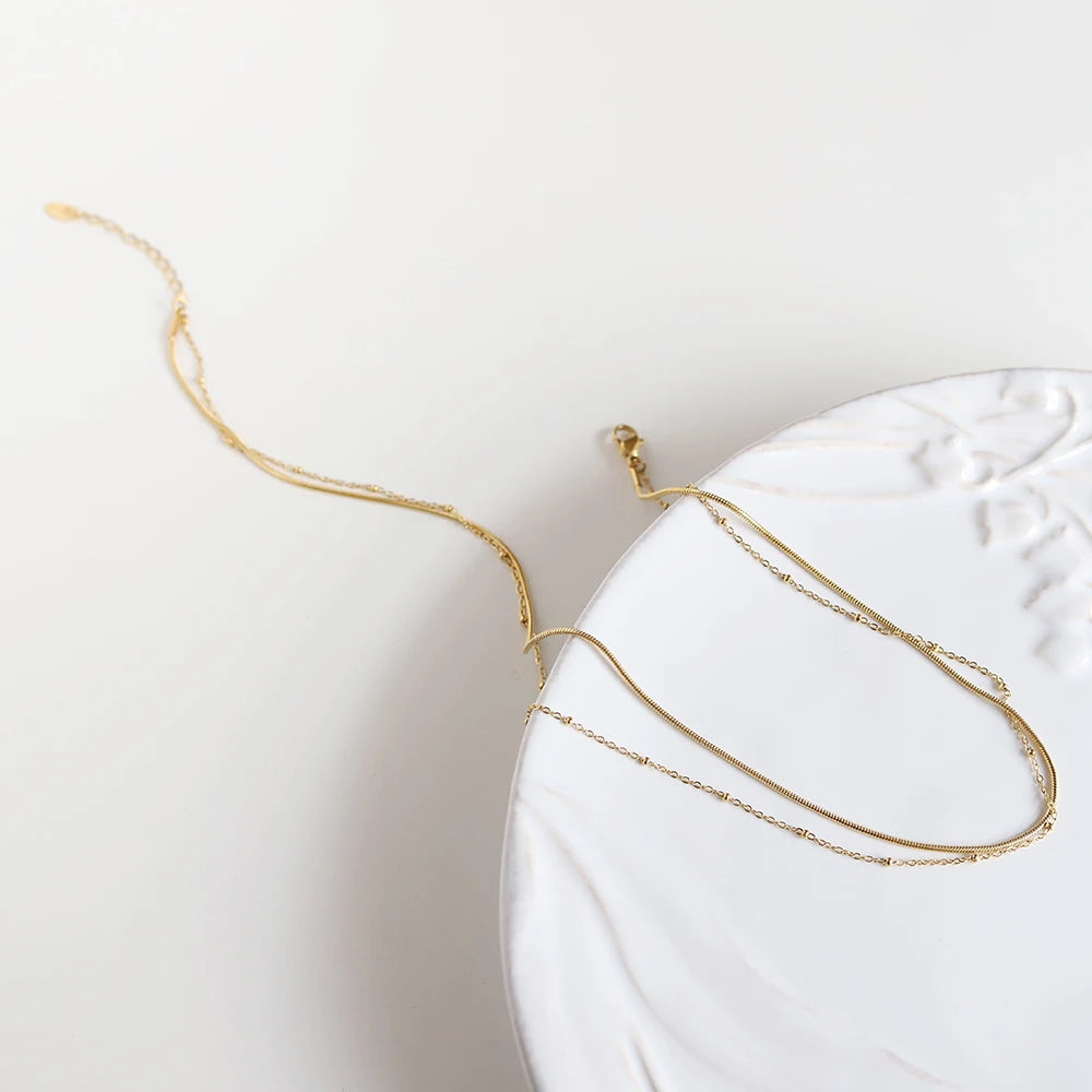 Ins Beads Chain Round Snake Chain Double Layered Necklace Snake Bone Chain 18k Plated Jewelry Necklace Jewelry Set for Woman