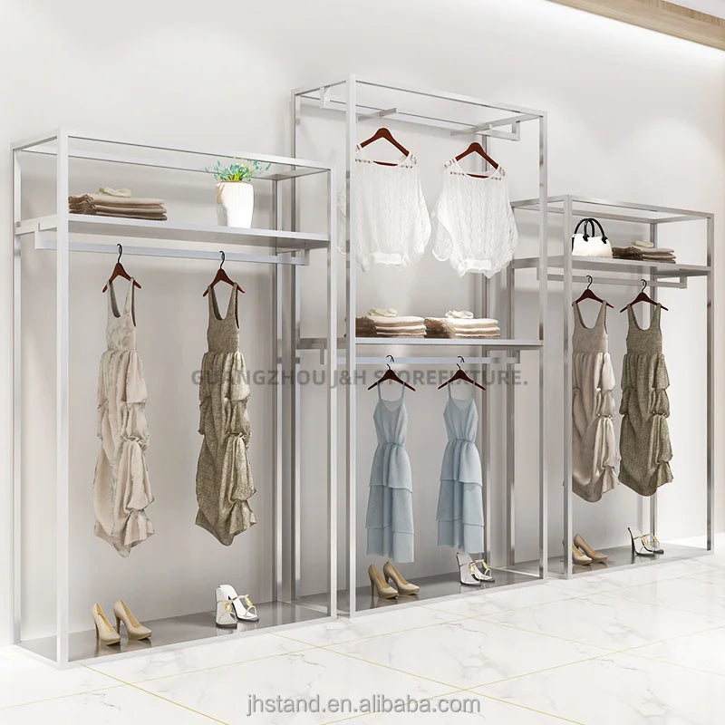 Showroom Design Modern Stainless Steel Women Dresses Shop Special Clothes Rack Glossy Gold Custom Logo Clothes Display Rack MegaBDM