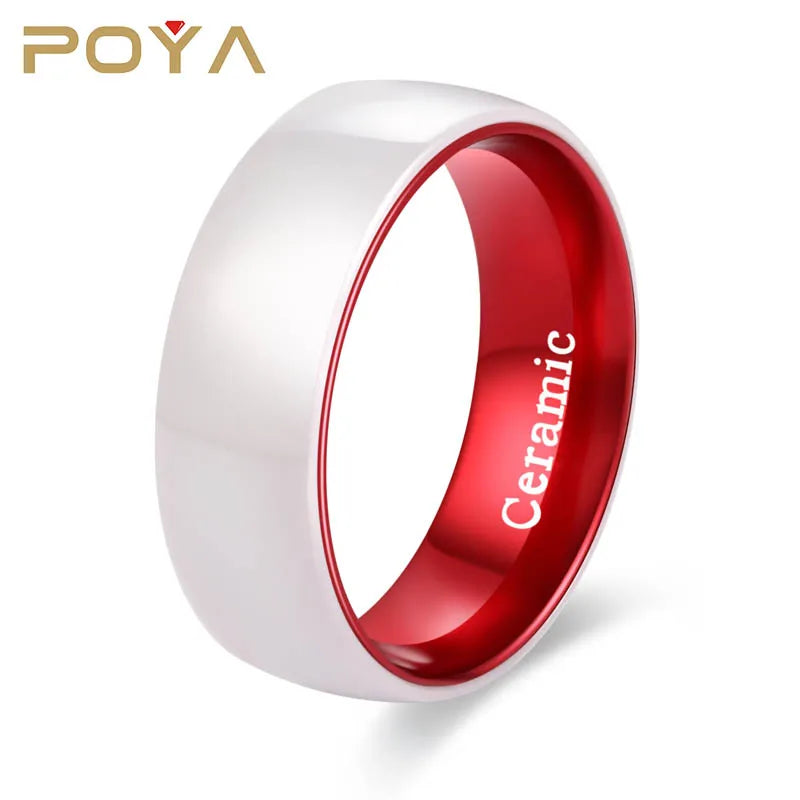 POYA Jewelry 8mm White Ceramics Inlaid with Multicolor Anodized Aluminium Sleeve Rings Wedding Band
