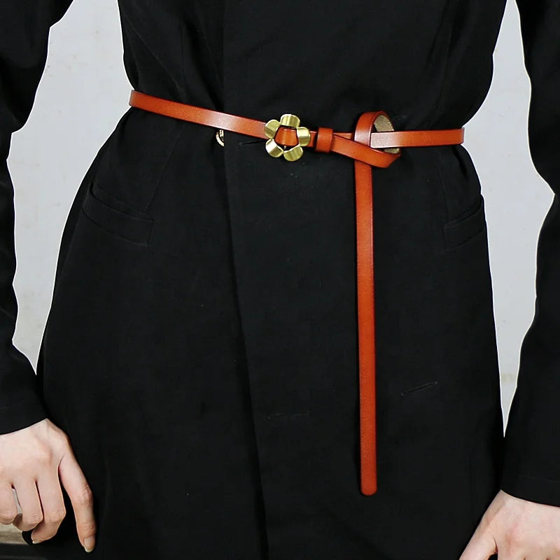 Adjustable Female Genuine Leather Cowhide Jeans Dress Belt Fashion Simple Adjustable Female Thin Belt Alloy Buckle Custom Casual