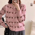Cis Women's Custom Knit Cardigan Autumn Pink Floral Embroidery Crew Neck Sweater for Winter Casual Style with Front Logo
