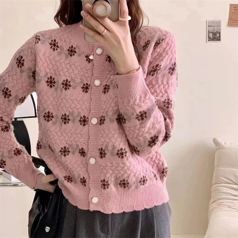 Cis Women's Custom Knit Cardigan Autumn Pink Floral Embroidery Crew Neck Sweater for Winter Casual Style with Front Logo
