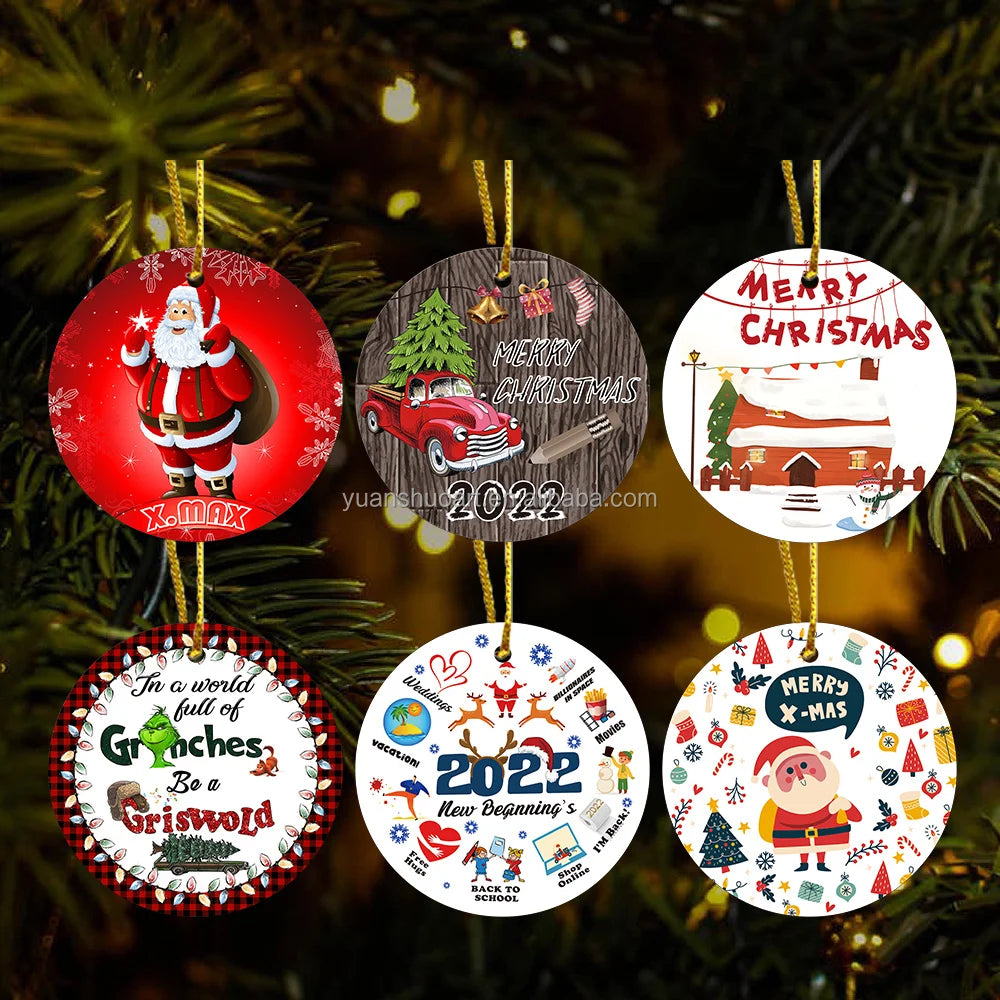 Custom Double-Sided UV Printed 3-inch Ceramic Hanging Christmas Tree Ornament for Festivals and Holidays
