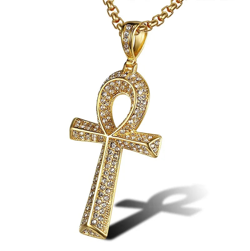 Egyptian Jesus Cross Pendant for Men Gold Plated Hip Hop Ankh Cross Necklace Religious Style for Wedding Occasions