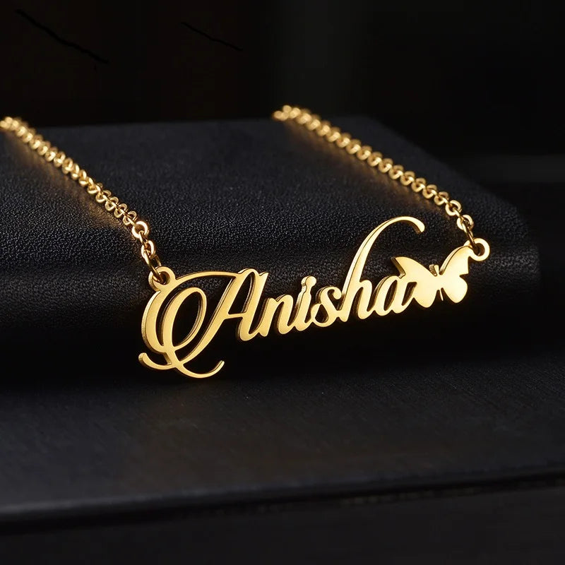 Custom 18K Gold Plated Stainless Steel Personalized Butterfly Name Necklace Romantic Link Chain with Letter Pattern