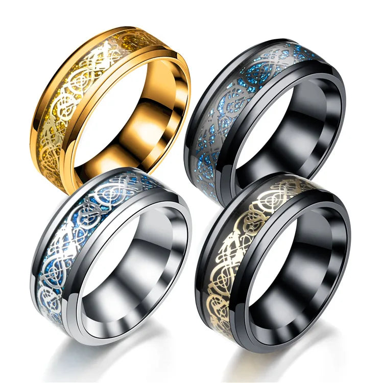 Wholesale Gold Stainless Steel Dragon Gemstone Rings Factory Direct Couplet Stackable Band for Men and Women