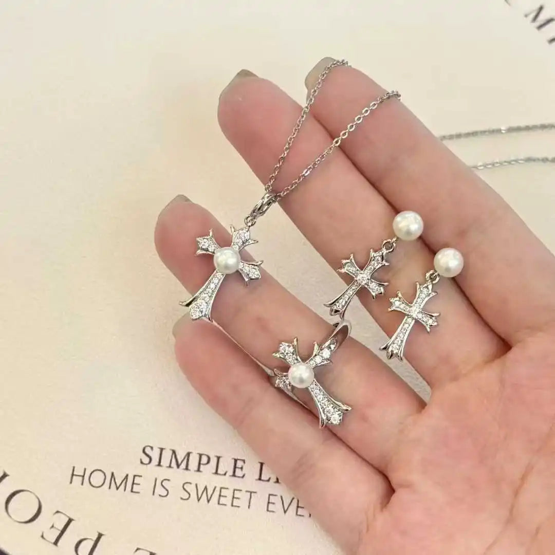 Punk Style Kroos Heart Cross Set with Natural White Freshwater Pearl Necklace Ring Earrings Pearl Jewelry Set