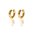 Hypoallergenic 18K Gold Thick Stainless Steel Huggies Hoop Pendant Natural Freshwater Pearl Drop Earrings Women