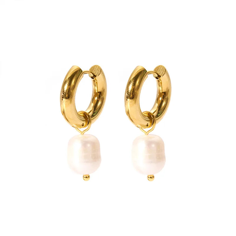 Hypoallergenic 18K Gold Thick Stainless Steel Huggies Hoop Pendant Natural Freshwater Pearl Drop Earrings Women