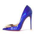 Women's Luxury Stiletto High Heels Red Bottom Patent Leather Pumps with Butterfly Crystal Buckle 12cm Upper Wholesale for Summer