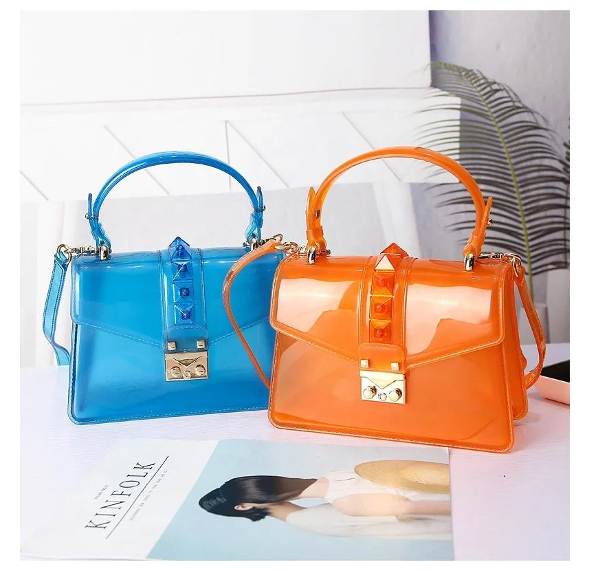 New Candy Color Lock Crossbody Transparent Jelly Bag PVC Portable Rivet Small Square Shoulder Bag