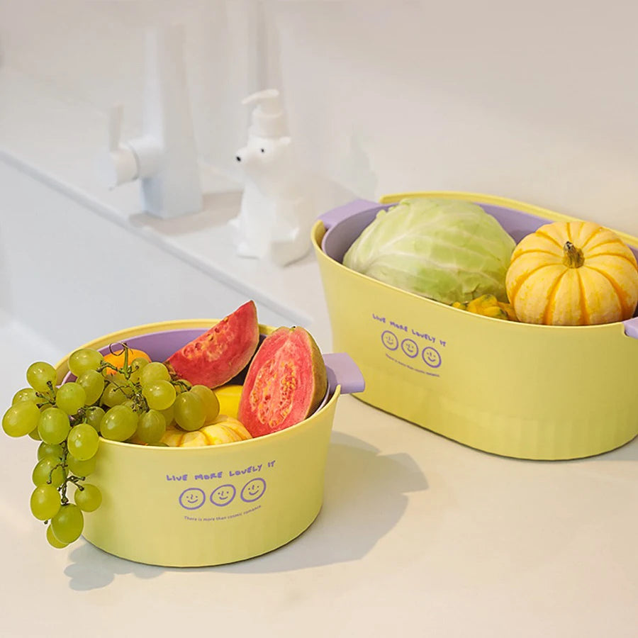 Wholesale Double Layer Plastic Kitchen Washing Fruit Vegetable Washing Bowl Drain Storage Baskets