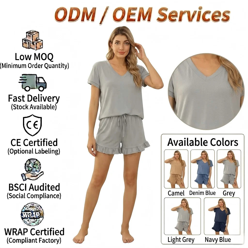 Women Solid Sets Soft Leisure Pajamas Suits Soft Suits Lounger Sets Ladies Shorts Tunic 2 Piece Sets Ladies