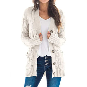 Women V Neck Long Sleeve Knitted Cardigan Sweater