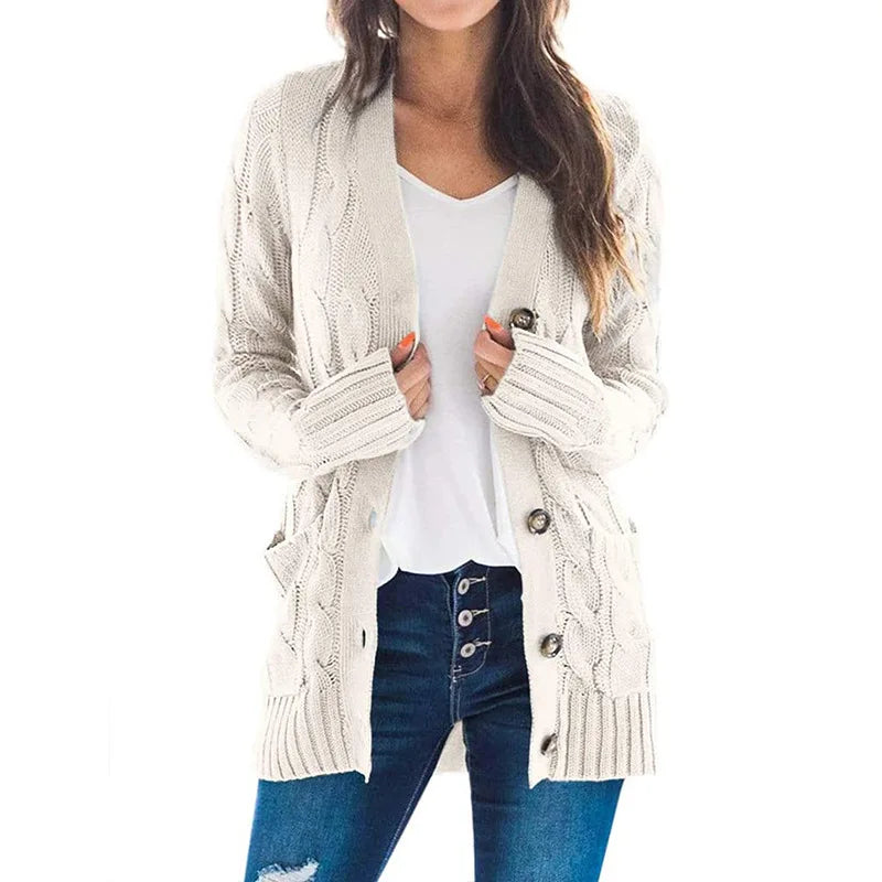 Women V Neck Long Sleeve Knitted Cardigan Sweater