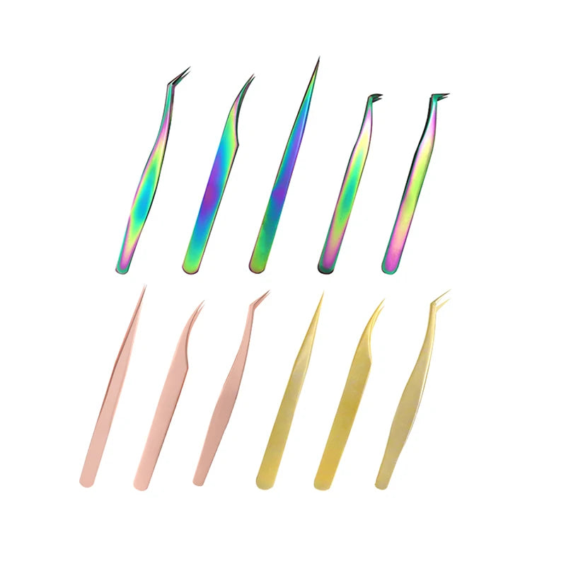 Wholesale Stainless Steel Eyelash Extensions Tweezers Rose Gold Rainbow Isolate Slanted Pointed Lash Extension Application