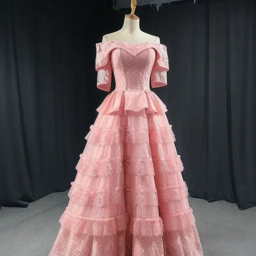 S0208G New Fashion off Shoulder Short Sleeve Wood Ear Laminated Waist a Big Elegant Gowns for Women Evening Dresses