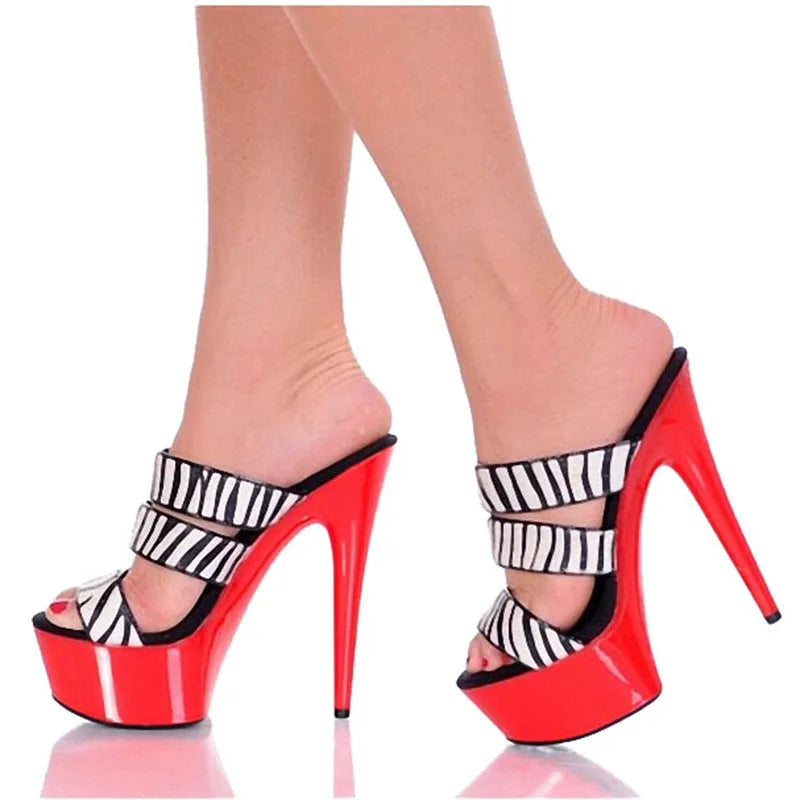New 6 Inch Stiletto Platform Leaky Toe Sandals Zebra High Heels Queen Fashion for Parties Clubs Summer Large Striptease Sandals