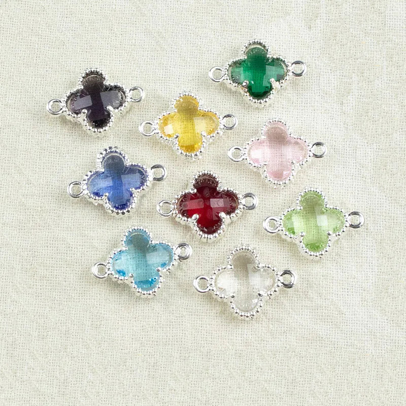 Silver Tone 18x13mm Two Holes Four Leaf Diy Jewelry Clovers Making Accessories Double Sides Glass Clover Pendant Charm