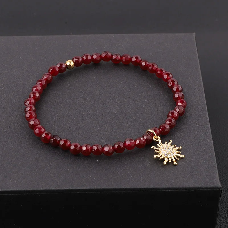 New Arrived 4mm Faceted Natural Red Jade Stone Beads Elastic CZ Sun Flower Charm Beaded Bracelet Women