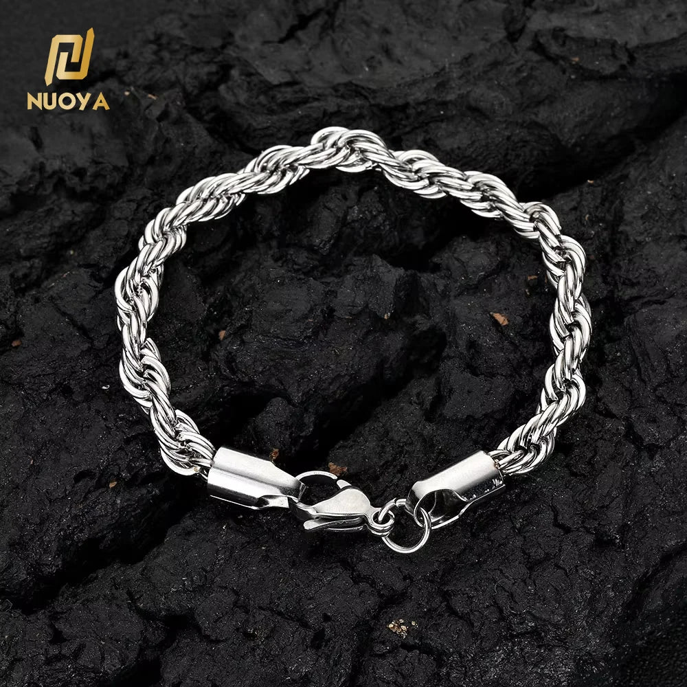 Nuoya 3/4/5/6mm Stainless Steel Rope Chain Bracelets 18k Gold Pltead Jewelry Twisted Rope Chain Bracelet