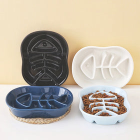 Hot Sale Beauty Simple Art Multi Groove Design Smooth Glaze Lovely Ceramic Pet Dog Cat Slow Food Water Bowl Feeder