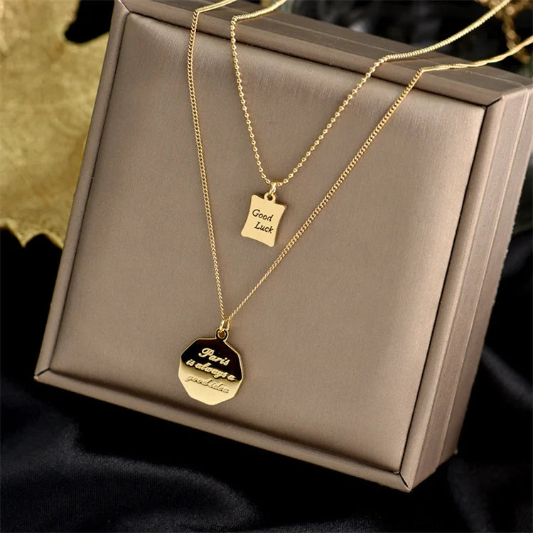 Wholesale Waterproof Stainless Steel Women Small Square Double Layered Necklace Goodluck Letter Necklace