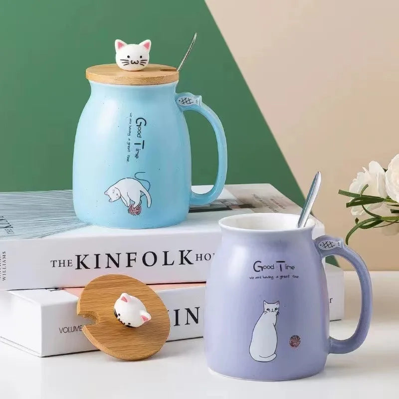 Cartoon cat mugs household cartoon cute ceramic cup office water ceramic sublimation unique ceramic cups with lids and spoons