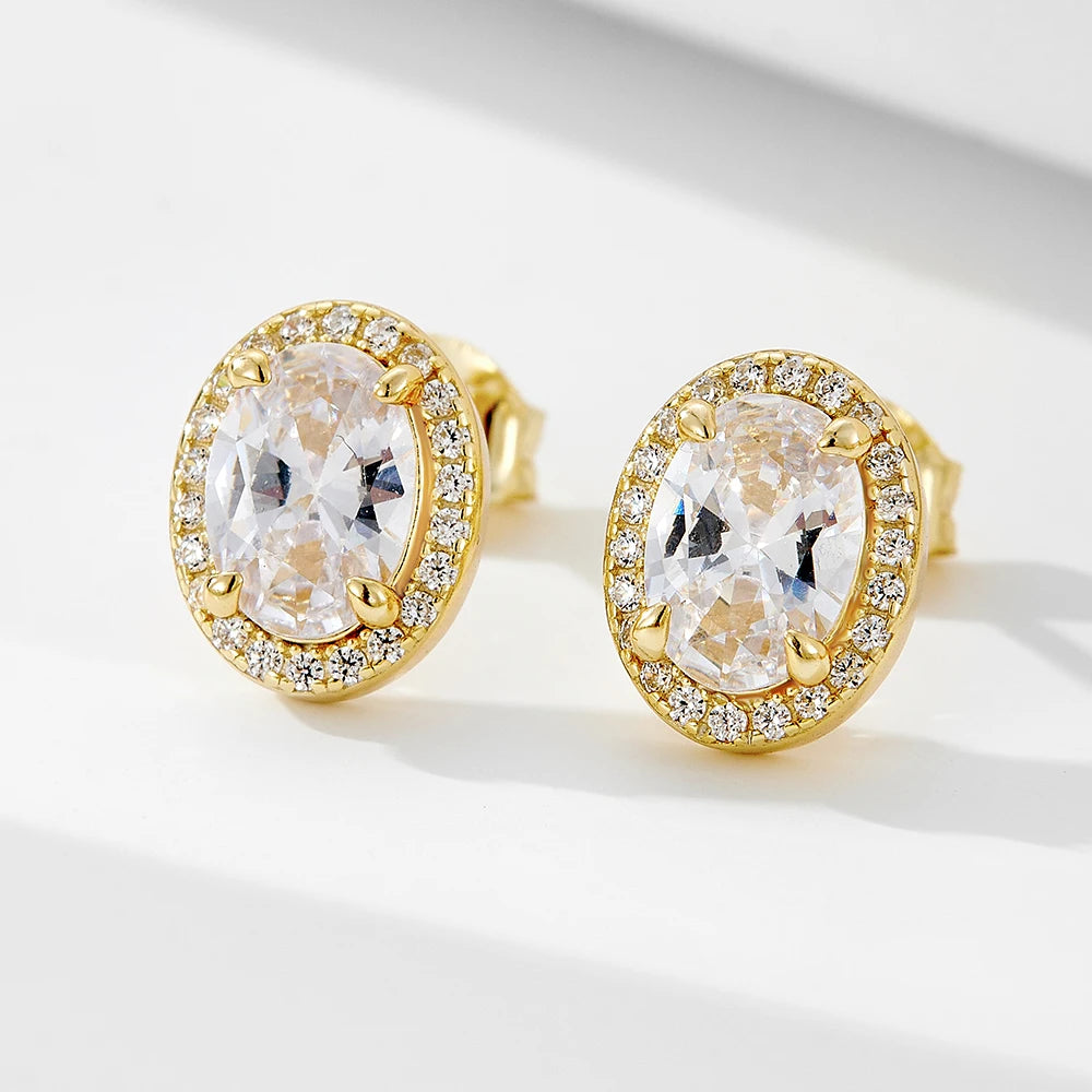 Wholesale 925 Sterling Silver 14K Gold Plated Oval CZ Zircon Geometric Statement Pattern Temperament Halo Engagement Earrings