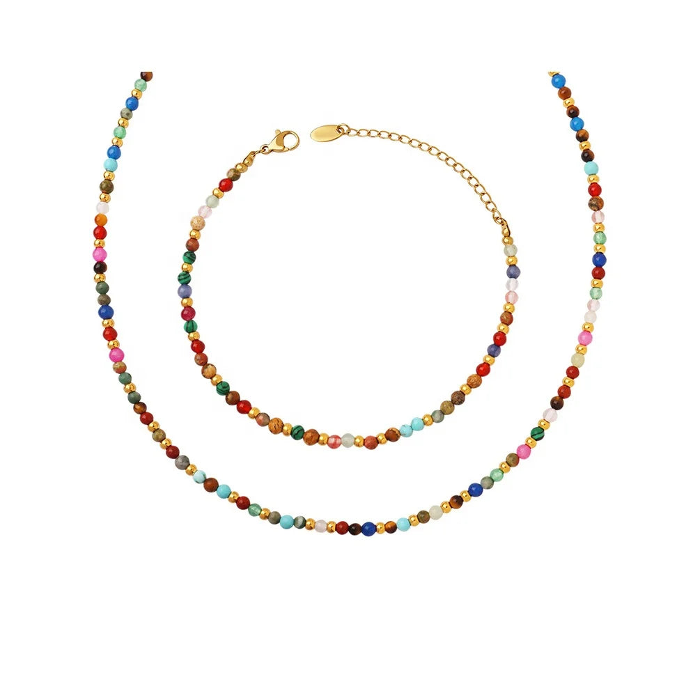 Alin Daisy Hand Knotted Beaded Stainless Steel Gold Plated Necklace Bracelets Wooden Glass Colorful Beads Vintage Style
