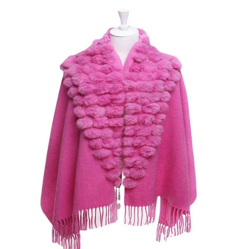 Wholesale Women Wool Poncho Solid Color Fur Shawl With Rabbit Fur Ball