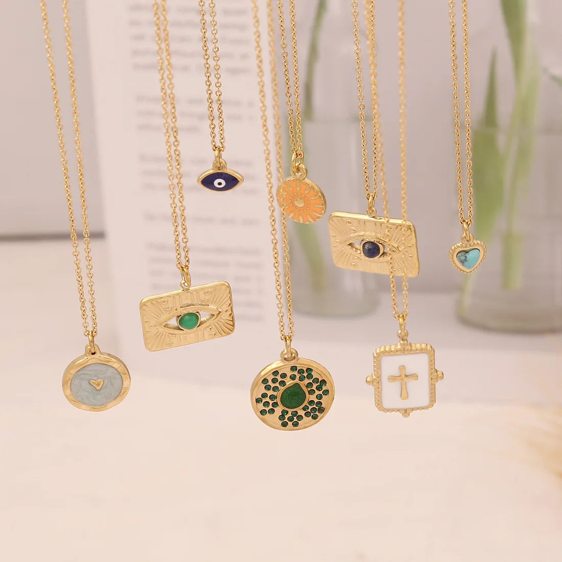 New Design Square Oil Dripping Cross Necklace Collana a Croce Eye Heart Stainless Steel Pendant Necklace